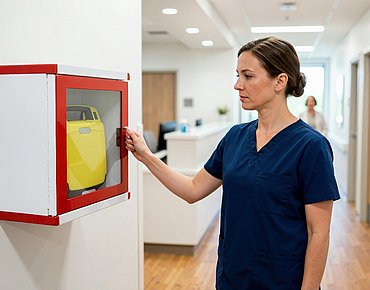 Krankenschwester mit Defibrilator Krankenschwester mit Defibrilator