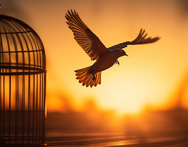 Vogel fliegt aus Käfig