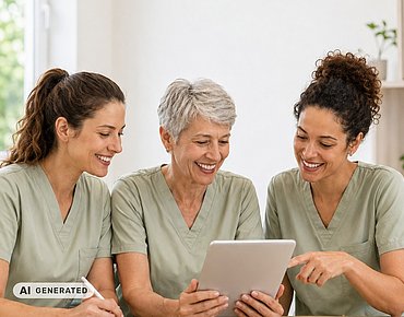 Drei Frauen schauen auf ein Tablet Drei Frauen schauen auf ein Tablet